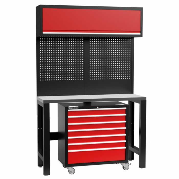 Kraftmeister Standard Werkbank mit Wandschrank und Werkzeugwagen Edelstahl 136 cm rot