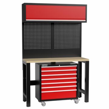 Kraftmeister Standard Werkbank mit Wandschrank und Werkzeugwagen Multiplex 136 cm rot