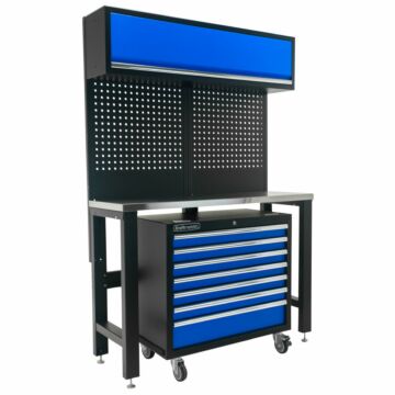 Kraftmeister Standard Werkbank mit Wandschrank und Werkzeugwagen Edelstahl 136 cm blau