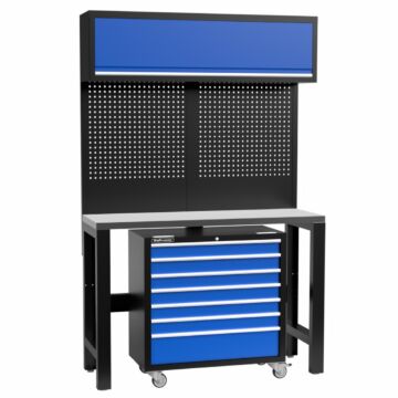 Kraftmeister Standard Werkbank mit Wandschrank und Werkzeugwagen Edelstahl 136 cm blau